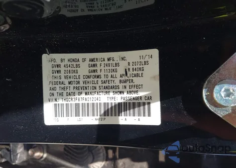 2015 Honda Accord Ex-L V-6 from USA, damaged, VIN 1HGCR3F87FA012040